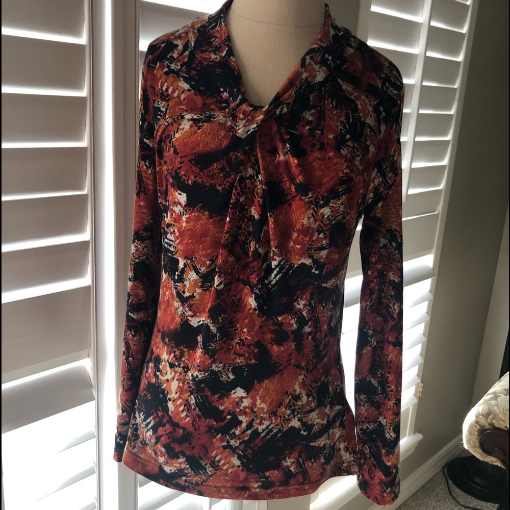 Black & dark Orange Printed LS Knit Top Small - Picture 2 of 7